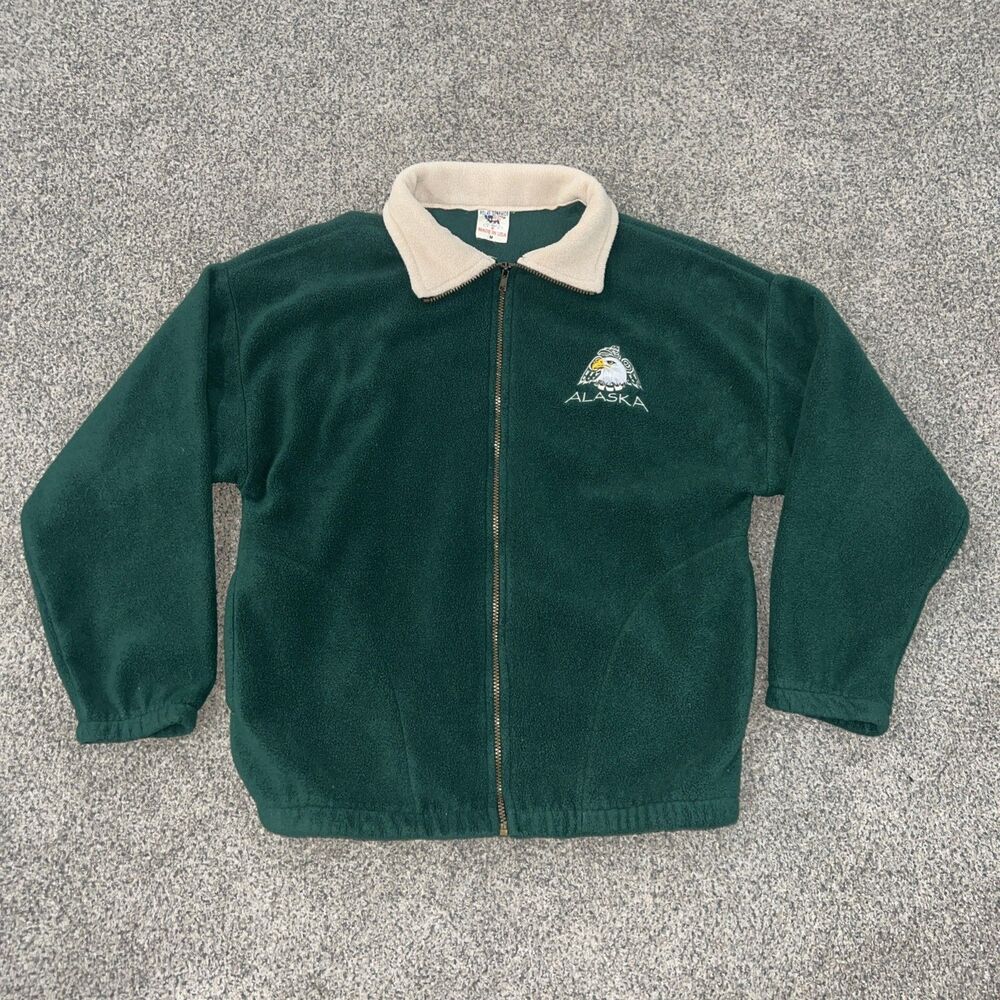 Vintage 90s Polar Graphic USA Alaska Fleece Full Zip Green Eagle Jacket - Medium